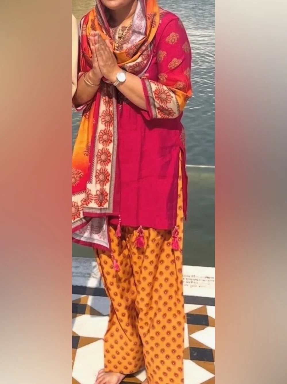 Salwar kameez designer Pink Mustard Printed suit Ethnic Punjabi readymade Large - Picture 3 of 4